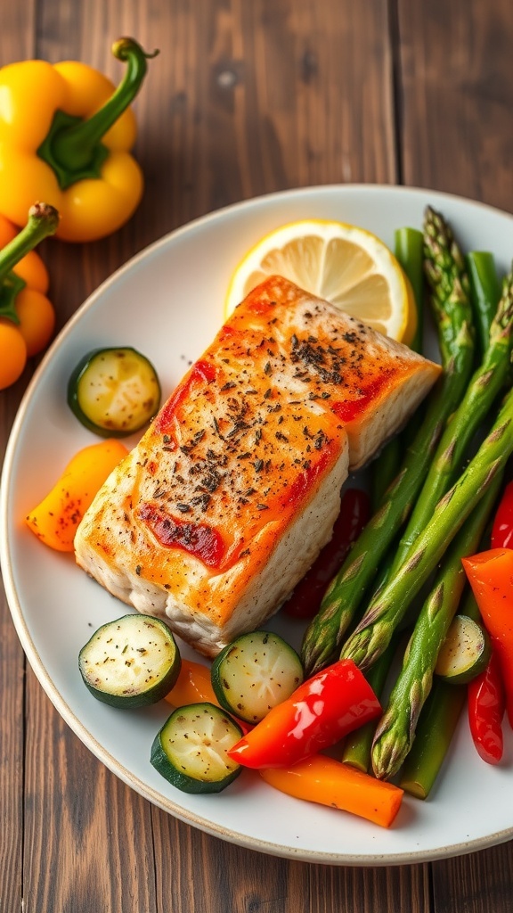 Air fryer salmon fillet with colorful vegetables on a rustic table, garnished with lemon.